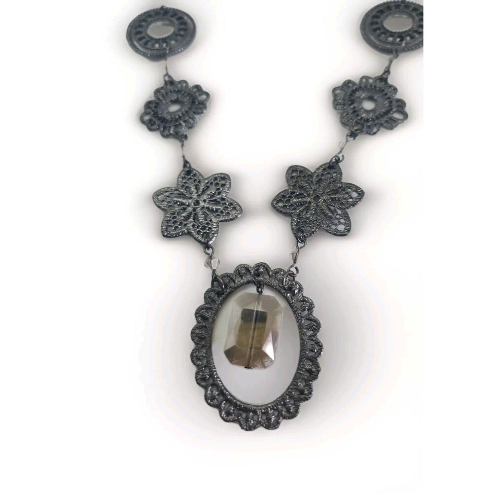 Goth Fairy Necklace Flower Medalion Gunmetal Gray Costume Jewelry Statement